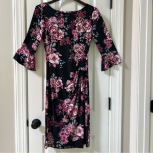 Connected Apparel Black and Pink 3/4 Sleeve Floral Print Sheath Dress NWT Size 4